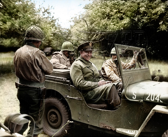 Eisenhower in a jeep in a Normandy Orchard