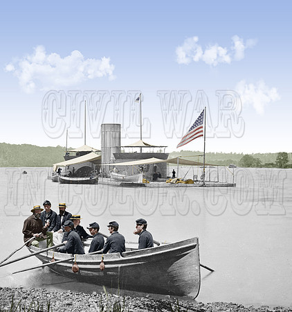 01513 - Monitor U.S.S. Onondaga; soldiers in rowboat in foreground 1864, James River, Va.