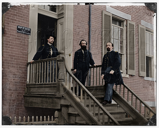 Union Colonel Benjamin F. Fisher (middle), standing with his staff ont he steps leading to the Signal Corps Headquarter.