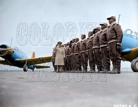 Major James A. Ellison reviewing the first class of Tuskegee Recruits, Alabama '41 - BT13 trainer planes